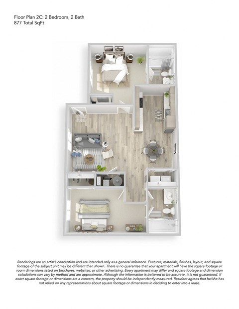 Floor plan for 2 beds, 2 baths, 877 sqft